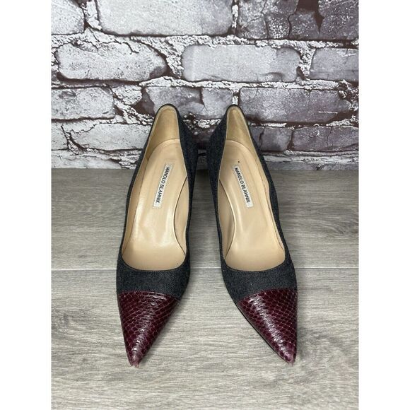 Manolo Blahnik Grey Wool Fabric Burgundy Pointed Toe Heels Women Sz 39.5EU/9M US - Picture 2 of 16